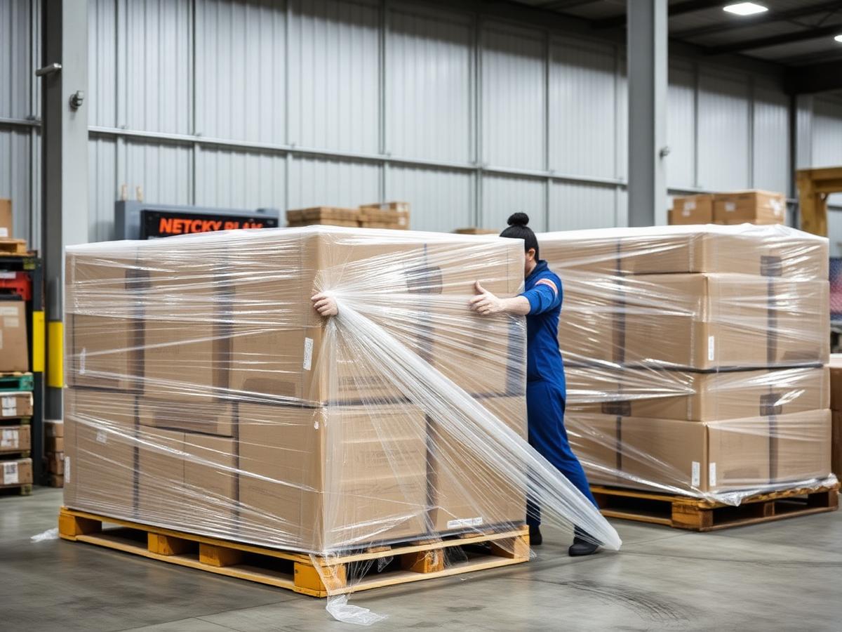 Warehouse worker wrapping palletized cargo with stretch film